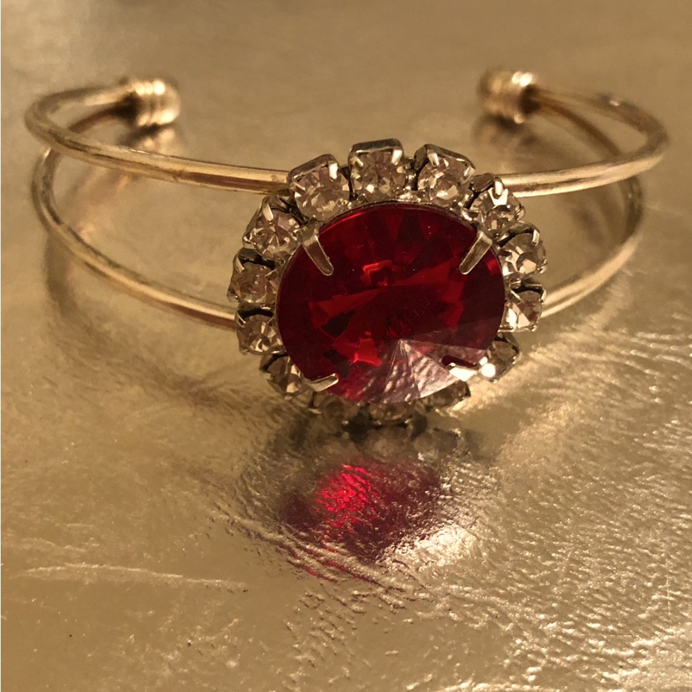 Vintage red rhinestone sterling silver plated cuff bracelet